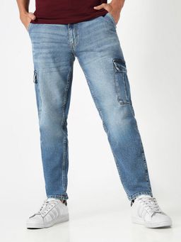 R&B - Men'S Blue Cotton Relaxed Mid-Rise Solid Cargo Jeans