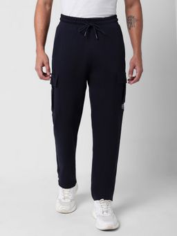 R&B - Men Navy Blue Cotton Plain Mid Waist Track Pant