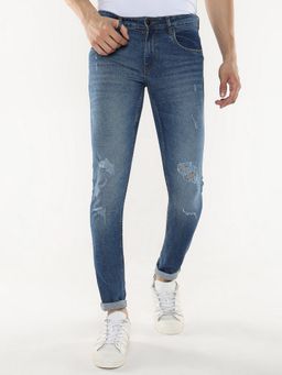 R&B - Men'S Blue Cotton Skinny Mid-Rise Ripped Cuffed Hem Jeans