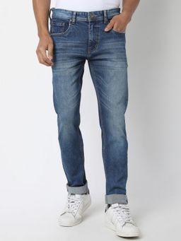 R&B - Men'S Blue Cotton Slim Fit Mid-Rise Clean Look Jeans
