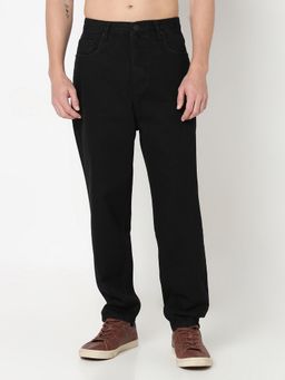 R&B - Men'S Black Cotton Loose Fit Mid-Rise Solid Clean Look Jeans