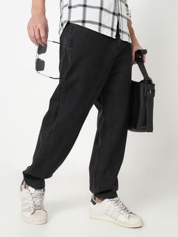 R&B - Men'S Black Cotton Loose Fit Mid-Rise Solid Clean Look Jeans