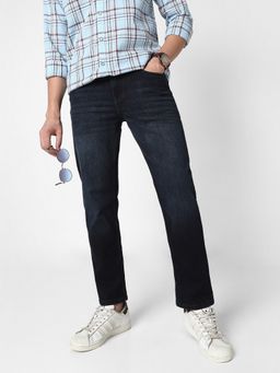 R&B - Men'S Navy Blue Denim Mid-Rise Straight Fit Solid Clean Look Jeans