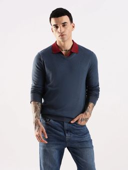 Calvin Klein - Solid Regular Fit Polyester Navy Blue Sweater