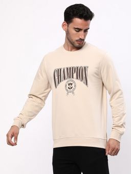 R&B - Men Cotton Beige Graphic Sweatshirt