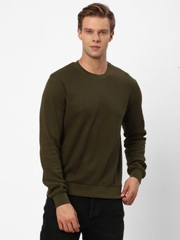 R&B - Men Cotton Green Solid Sweatshirt