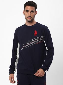 R&B - Men Cotton Navy Blue Graphic Sweatshirt