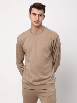 R&B - Men Fleece Beige Solid Sweatshirt