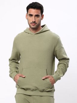 R&B - Men Cotton Green Solid Hoodie