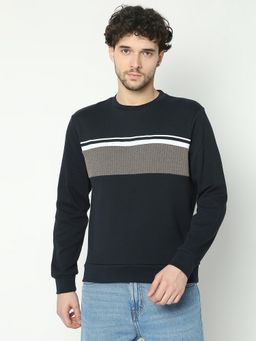 R&B - Men Cotton Navy Blue Colorblock Sweatshirt