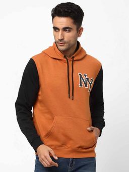 R&B - Men Fleece Orange Colorblock Hoodie