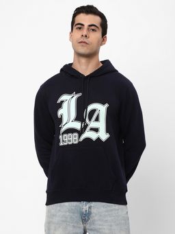 R&B - Men Cotton Navy Blue Graphic Hoodie
