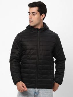 R&B - Men Black Puffer Quilted Hooded Zip-Up Jacket