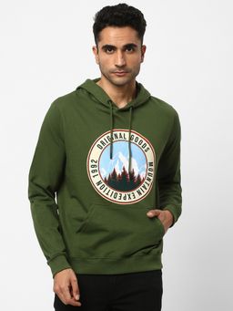 R&B - Men Cotton Olive Graphic Hoodie