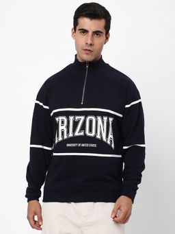 R&B - Men Cotton Navy Blue Graphic Sweatshirt