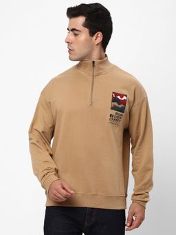 R&B - Men Fleece Beige Embroidered Sweatshirt