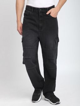 R&B - Men'S Black Cotton Loose Fit Mid-Rise Solid Cargo Jeans