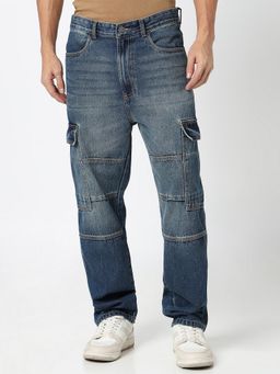 R&B - Men'S Blue Cotton Loose Mid-Rise Solid Cargo Jeans