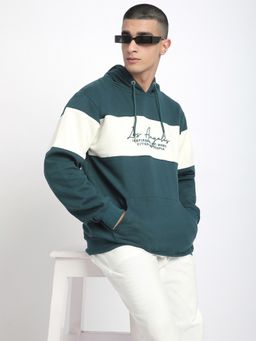 R&B - Men Cotton Blend Green Colorblock Hoodie