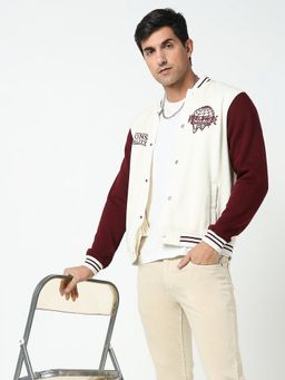 R&B - Men Ivory Varsity Solid Stand Collar Full-Sleeve Snap Button Jacket