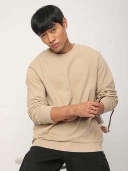 R&B - Men Cotton Beige Solid Sweatshirt