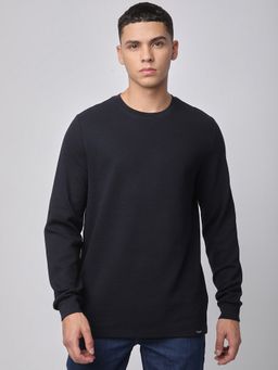R&B - Men Cotton Navy Blue Solid Sweatshirt