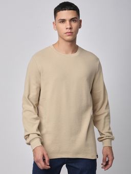 R&B - Men Cotton Beige Solid Sweatshirt
