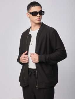 R&B - Men Black Bomber Cotton Blend Stand Collar Full-Sleeve Zip-Up Jacket