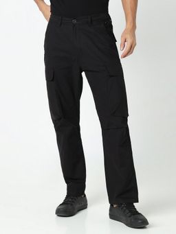 R&B - Cotton Black Men Mid Waist Cargo Pant