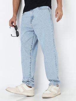 R&B - Men'S Blue Cotton Loose Fit Mid-Rise Solid Full Length Jeans