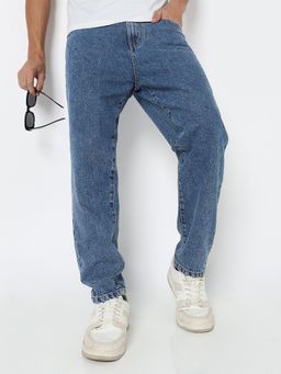 R&B - Men'S Blue Cotton Loose Fit Mid-Rise Solid Full Length Jeans