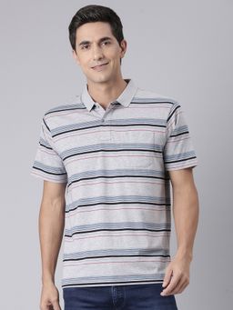 Classic Polo - Men'S Grey Authentic Fit Striped Cotton Blend Polo T-Shirt