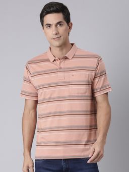 Classic Polo - Men'S Dark Peach Authentic Fit Striped Cotton Blend Polo T-Shirt