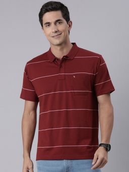 Classic Polo - Men'S Maroon Authentic Fit Striped Cotton Blend Polo T-Shirt