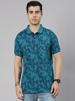 Classic Polo - Men'S Teal Blue Slim Fit All-Over Print Cotton Polo T-Shirt