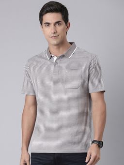 Classic Polo - Men'S Grey Authentic Fit Striped Cotton Polo T-Shirt