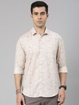 Classic Polo - Men'S Beige Slim Fit All-Over Print Cotton Shirt