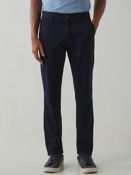 Reid & Taylor - Cotton Lycra Navy Blue Men Mid Waist Chinos