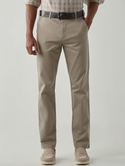 Reid & Taylor - Cotton Lycra Beige Men Mid Waist Trousers