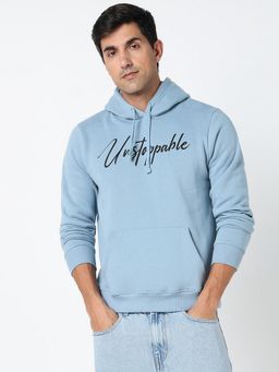 R&B - Men Fleece Blue Typography Hoodie