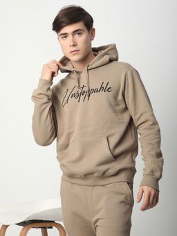 R&B - Men Fleece Beige Typography Hoodie