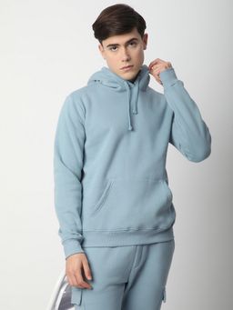 R&B - Men Fleece Blue Solid Hoodie