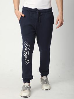 R&B - Navy Blue Cotton Printed Mid Waist Joggers