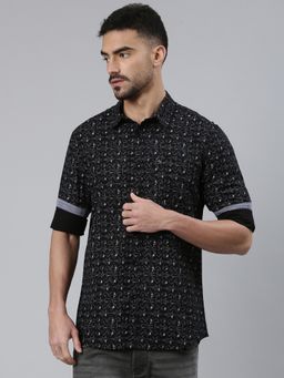 Classic Polo - Black Slim Fit All-Over Print Cotton Shirt