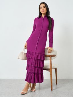 Styli - Women Burgundy Solid Collared Long Sleeves Tiered Maxi Dress