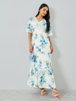 Styli - Women Off-White Floral Printed V- Neck Short Half Sleeves A-Line Maxi Dress