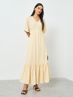 Styli - Women Cream Solid V- Neck Short Flared Sleeves A-Line Maxi Dress