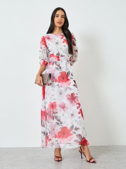 Styli - Women Off-White Floral Printed Boat Neck Puff Sleeves A-Line Maxi Dress