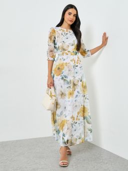 Styli - Women Yellow Floral Printed Boat Neck Puff Sleeves A-Line Maxi Dress