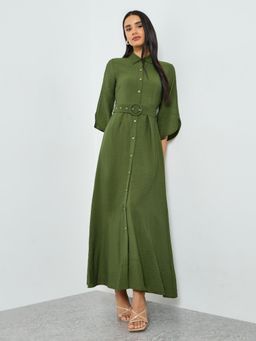Styli - Women Olive Solid Collared Flared Sleeves Shirt Maxi Dress